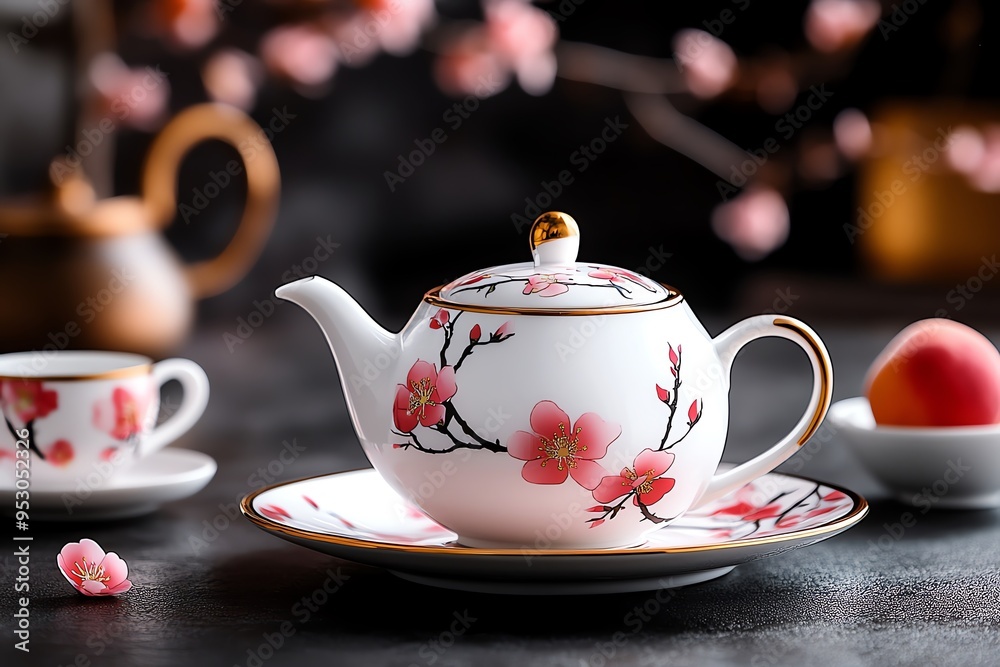 Poster peach blossom-themed tea set with delicate floral patterns, illustrated in a scene where a tea set f