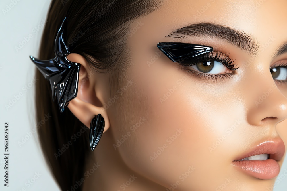 Poster piercing in a futuristic design with metallic finishes, illustrated in a scene where piercings are d