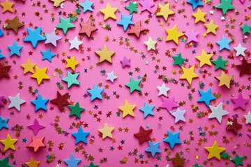 Colorful star shape confetti scattered on a pink background 