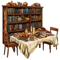A Thanksgiving table set in a library clipart, cozy and scholarly, warm colors, digital painting, isolated on white background
