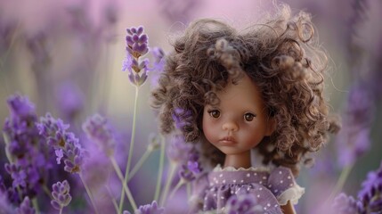 Fototapeta premium Curly-Haired Doll Amidst Lavender Blooms..