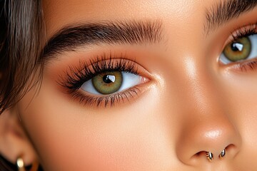 Fototapeta premium Piercing with a focus on facial contouring, captured in a photo where piercings are strategically placed to highlight and enhance the natural contours of the face, adding to the overall aesthetic