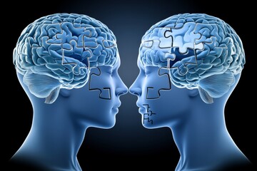 Fototapeta premium Blue Brain Puzzle Illustrations Facing Each Other Representing Intellectual Symmetry Cognitive Unity and the Complexities of Thought in a Minimalistic Design