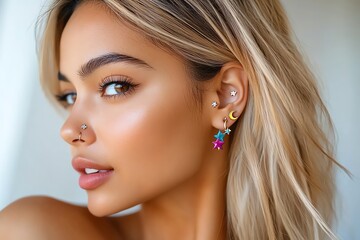 Piercing with a touch of playful whimsy, captured in a photo where jewelry in fun shapes like stars, moons, and hearts is used in piercings, adding a lighthearted and playful element