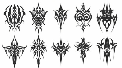 Tribal tattoo designs set. a collection of symmetrical black ink tribal patterns suitable for tattoos, decals, or graphic design. Symmetrical. Illustration