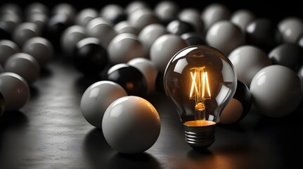 Single glowing light bulb amidst black and white balls.generative.ai 