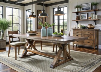 Obraz premium Liberty Furniture Modern Farmhouse Trestle Table Rustic Wood Grain Live Edge Style Farmhouse Decor Soft Neutral Color