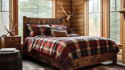 Rustic Cabin Bedroom with Plaid Bedding and Antler Decor