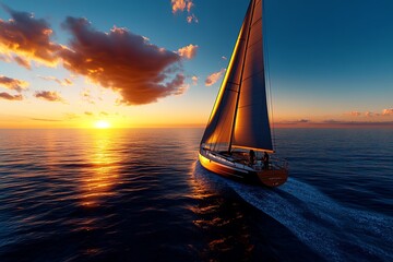 Romantic couple getaway with a sunset sail on a private yacht, depicted in an artwork where a couple sails along a calm ocean, with the sun setting behind them and the gentle breeze filling