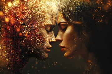 Golden Silhouette Faces Representing Intellectual Brilliance Cognitive Connection and the Luminescence of Thought in a Starry Night Setting