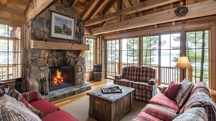 Cozy Cabin Living Room with Fireplace and View