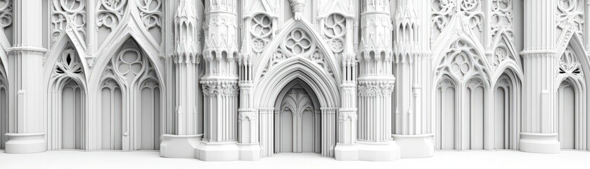Ornate Gothic cathedral facade, intricate stone carvings, 3D rendering, monochrome, soft shadow details