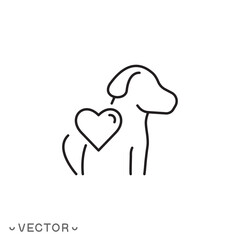 heart with dog icon, love or care for a animal, donate or charity for pet, thin line symbol isolated on white background, editable stroke eps 10 vector illustration