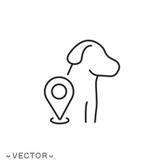 location pet icon, dog with map pin, care animal concept, thin line symbol isolated on white background, editable stroke eps 10 vector illustration