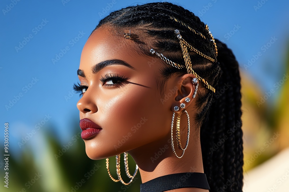 Poster Stylish ear piercings with multiple studs and hoops, depicted in an artwork where an ear is adorned with various studs, hoops, and cuffs in different metals, creating a layered and trendy look
