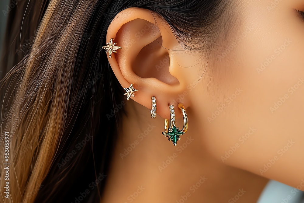 Poster stylish ear piercings with multiple studs and hoops, depicted in an artwork where an ear is adorned 