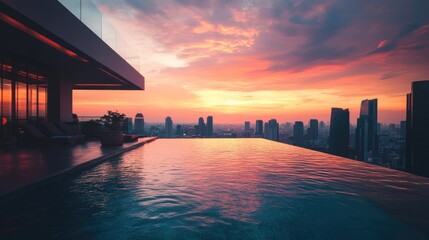 Fototapeta premium Rooftop infinity pool at a luxury hotel overlooking a stunning city skyline during sunset.
