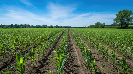 Rows of ripe corn plants growing in a vast agricultural field under a bright blue sky, showcasing a healthy crop.