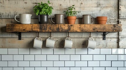Rustic wooden wall shelf with a collection of tiny succulents in different pots, set against a whitewashed wall.