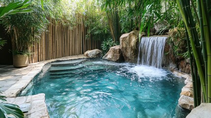 Naklejka premium Serene spa pool surrounded by bamboo, with water cascading down natural rocks.