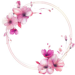 A flowery design with pink flowers and a white background. The flowers are arranged in a circular pattern, with some overlapping and others standing alone. Scene is one of beauty and elegance