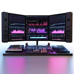 Professional 3D Sound Design Studio with Waveforms on Screens