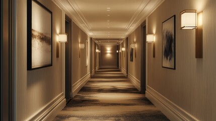 Stylish hotel corridor with modern lighting, artwork on the walls, and a plush carpet.
