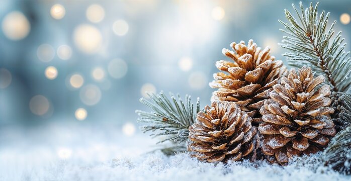 Frosted Pine Cones and Evergreen Branches on Snowy Background with Bokeh Lights, Ideal for Winter Holiday Cards, Christmas Decorations, and Seasonal Festive Designs
