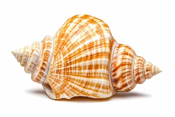 Fototapeta premium Close-up of a large, spiral sea shell showcasing its intricate patterns and textures, placed on a white background.