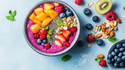 Top view of a vegan breakfast with smoothie bowl, chia pudding, fresh fruits, and nuts on a light blue textured surface.