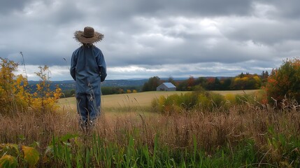 A scarecrow watching over a farm in the Eastern Townships regions, against an overcast sky
