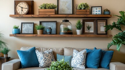 Wall shelf with a terrarium, picture frames, and a vintage clock, adding charm to a rustic-style living room