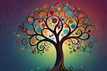 Colorful Tree with Swirling Branches and Intricate Roots Vibrant and Whimsical Design for Nature Themed Backgrounds and Artistic Concepts