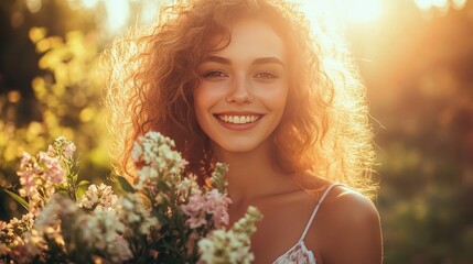 Fototapeta premium Woman with radiant, even skin tone and a soft smile, holding a bouquet of fresh flowers in a sunlit garden.