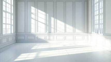 Obraz premium A white room with white paneled walls and a window, light shadows, and sun rays