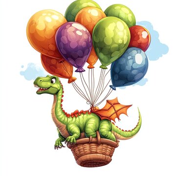 A Thanksgiving parade with dinosaur-themed balloons clipart, festive atmosphere, bright colors, digital illustration, isolated on white background