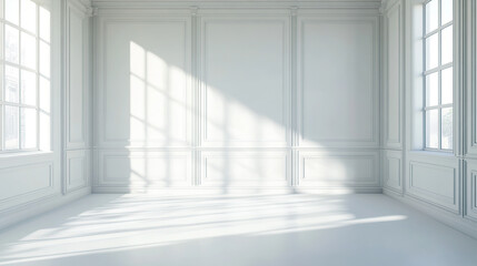 Obraz premium A white room with white paneled walls and a window, light shadows, and sun rays
