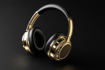 Gold headphones isolated on black background