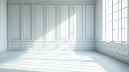 Obraz premium A white room with white paneled walls and a window, light shadows, and sun rays