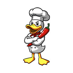 a duck with a knife in his hand and a ketchup on his shoulder.