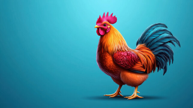 A vibrant rooster with colorful feathers standing against a plain blue background, showcasing its detailed plumage.