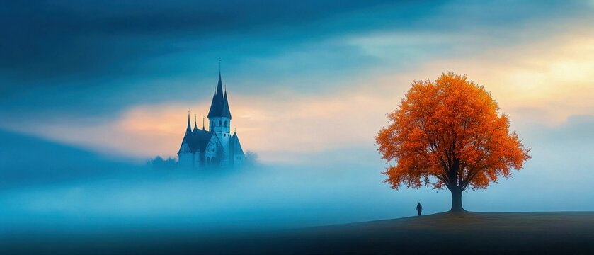 Mystical Landscape with Solitary Tree and Castle in the Distance