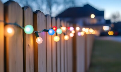 Festive colorful lights strung on wooden fence, Generative AI