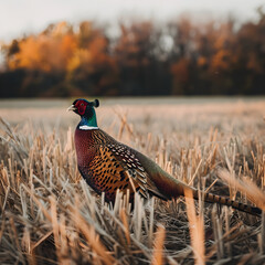 Fototapeta premium Common pheasant is standing in a field of dry grass with autumnal colors in the background
