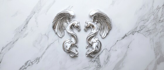 Gemini zodiac sign in a luxurious silver finish, placed on a minimalist white marble texture, showcasing sophistication and simplicity