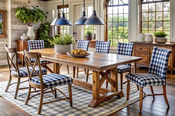 Obraz premium rustic farmhouse dining table with modern metal legs blue and white gingham chairs large selection of country antique
