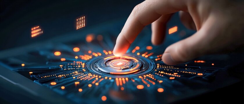 Digital Interface Overlay on Tablet Screen with Interactive Geometric Shapes and Icons.