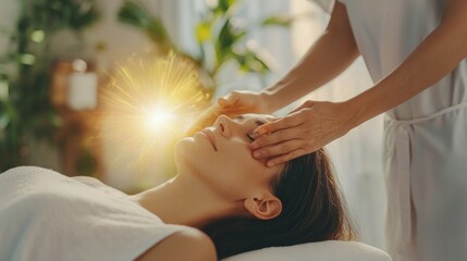 Therapist performing reiki healing treatment, using her hands to channel energy to a patient lying in spa