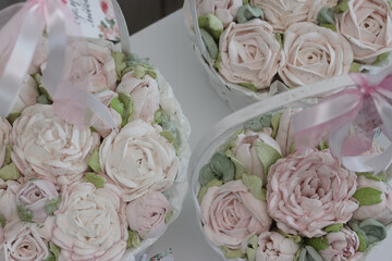 Marshmallows in a baskets. Marshmallow flowers. Homemade marshmallows. Top view.