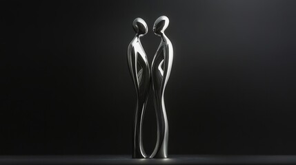 Twin figures of Gemini in a minimalist style, rendered in polished silver on a deep black background, symbolizing luxury and elegance